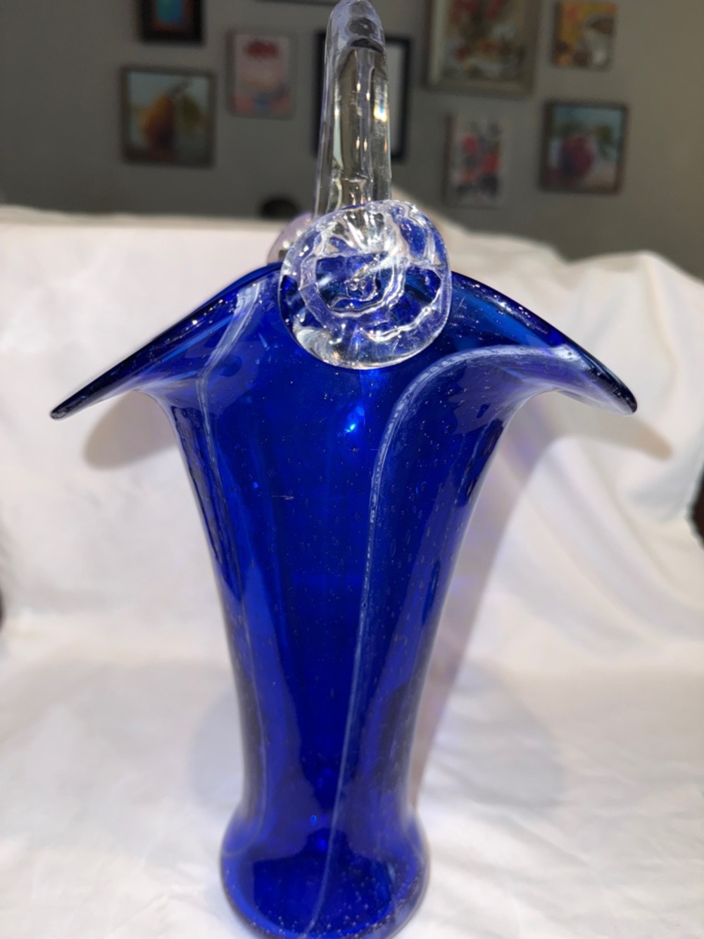 Cobalt Blue Art Glass Handblown Vase with Clear Handle 13” tall